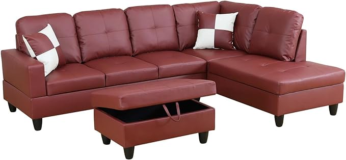 NicBex Sectional Couch 3 Pieces Sofa Set with Left Chaise Faux Leather L Shaped Cloud Couch for Living Room Furniture Sets with Storage Ottoman, Modular Sofa for Living Room & Apartment, Dark Red
