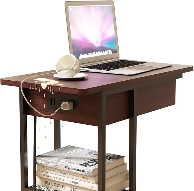 LIDYUK C Shaped End Table with Charging Station, Flip Top Side Table with USB Ports and Outlets, C Table Sofa Table with Storage Shelf for Living Room, Bedroom, Dark Cherry
