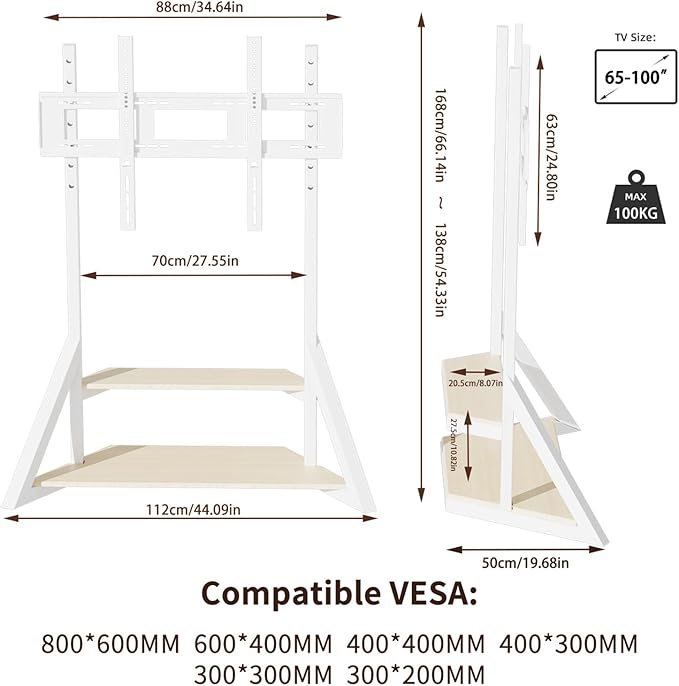 unho White TV Floor Stand with Wheels Shelves for 65 to 100 inch Large LCD/LED Flat Curved Screen up to 220lbs, Adjustable Heights TV Mount Stands VESA 800x600mm, Rolling TV Stand for Bedroom Office