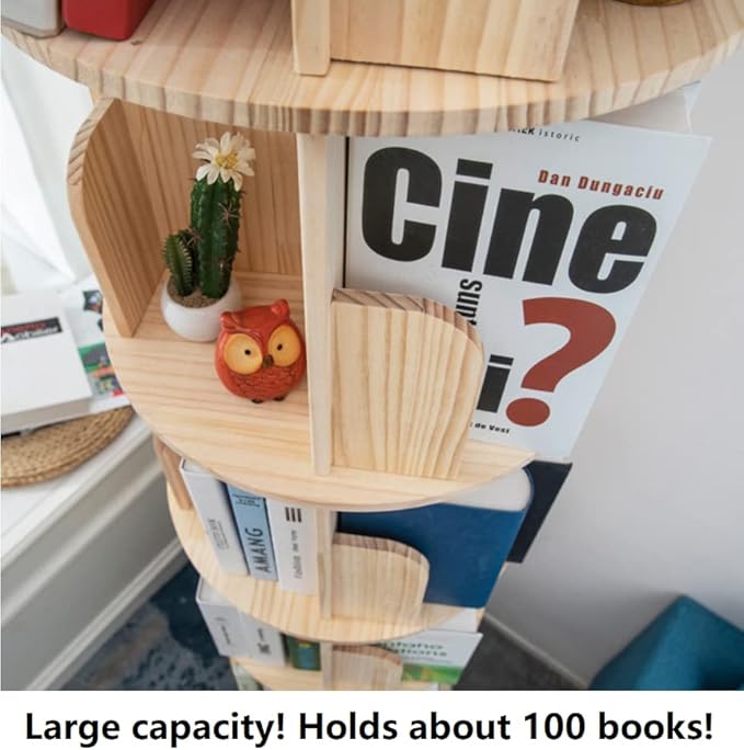 Heehee Rotating Wooden Bookshelf 360 Display 4 Tier Floor Standing Bookcase Storage Rack for Kids&Adults Solid Wood Bookshelf Organizer