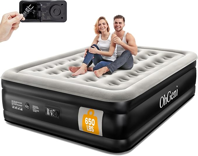 OhGeni Queen Air Mattress with Built in Pump, Inflatable Blow Up Mattress 18 Raised Comfort,Upgraded Surface Portable Mattress, Air Bed for Camping, Home and Guest, Colchone Inflable, 650 lbs Max