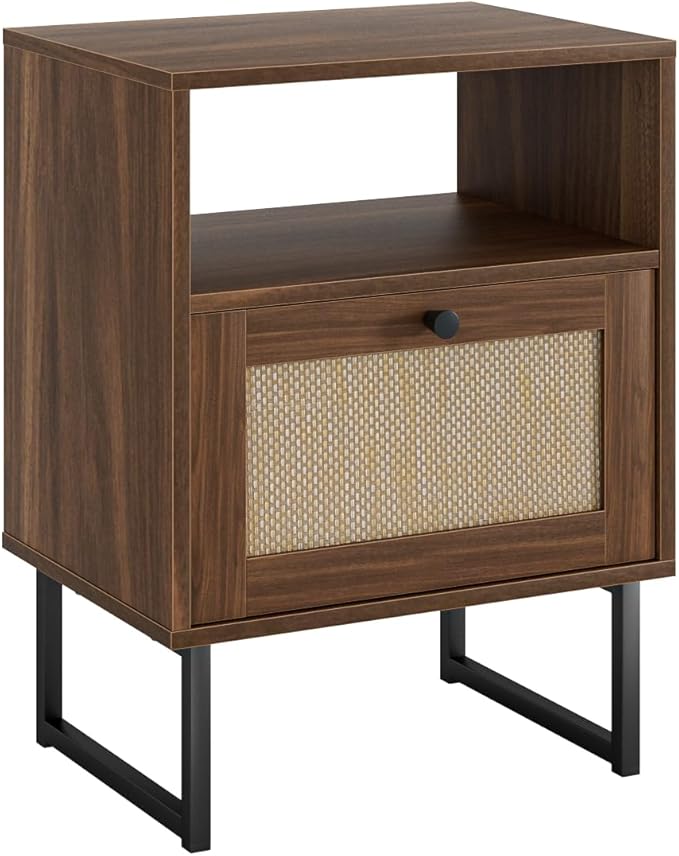 Rattan Nightstand, Boho Night Stand Farmhouse Wood Bedside Table with Storage and Open Shelf, End Side Accent Table for Bedroom,Living Room,Walnut
