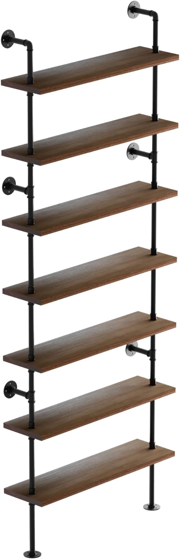 7 Tier Industrial Ladder Shelf Bookcase, Wall Mounted Rustic Bookshelf for Living Room Decor and Storage (Walnut Color, 7 Tier - 10" D x 36" W x 95.5" H)