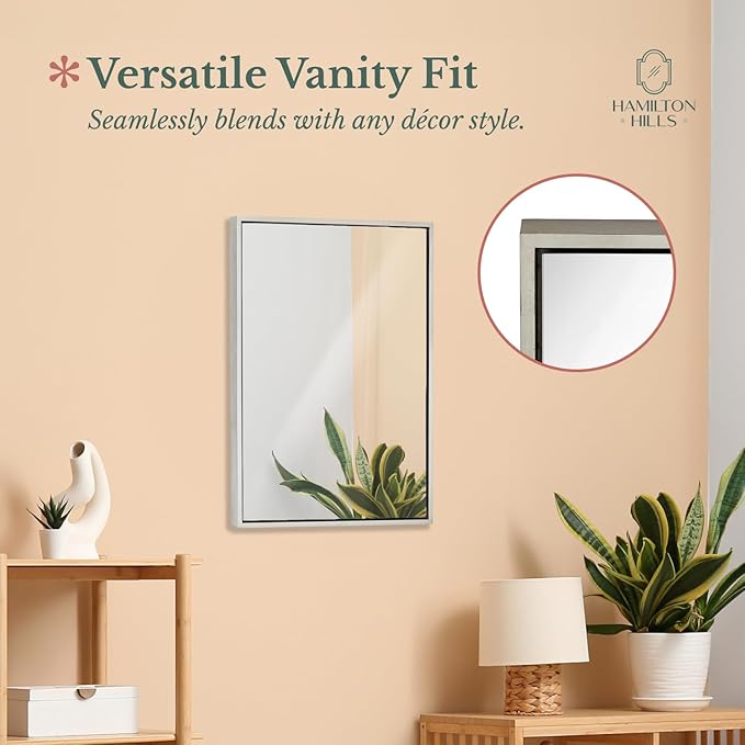 Hamilton Hills 30x40 inch Polished Silver Metal Framed Wall Mounted Mirror - Large Rectangular Bathroom Mirror - 1/2 inch Floating Frame Vanity Nickel Glass - Hangs Horizontal or Vertical