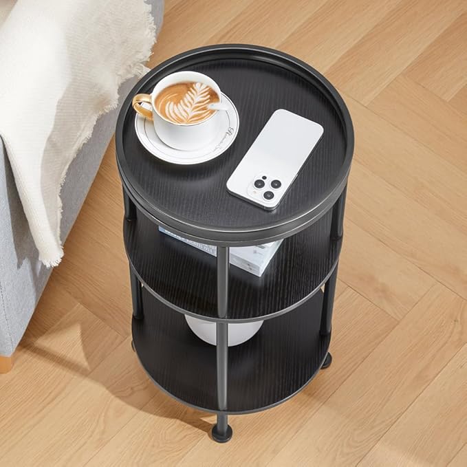 Small Round Side Table for Small Spaces, 3-Tier Round Accent Table Slim Side Table, Modern Sofa Corner Table for Living Room Nightstand Bedroom (Black)