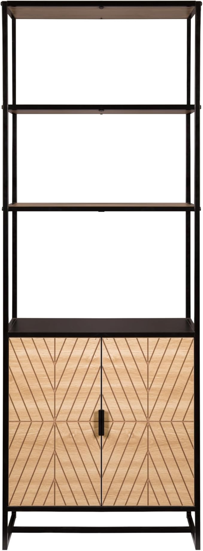 AC Pacific Bali Coastal Modern 6 Tier Bookshelf with Storage, Features Sleek Black Frame and Natural Wood Accents, Versatile Book Shelf and Display Solution for Bedroom and Living Room, 67" High