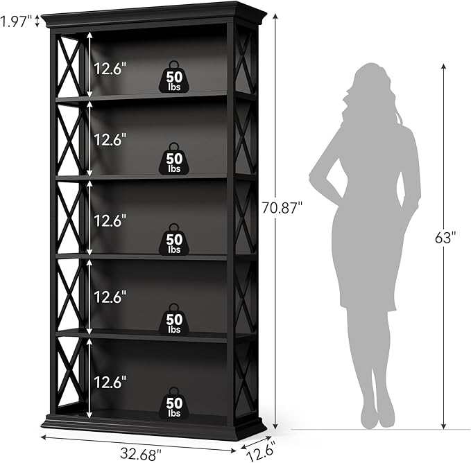 Little Tree 6-Tier Bookcase, 71 Inches Industrial Bookshelves, Floor Standing Display Storage Shelves Tall Bookcase for Home Office, Living Room, Bed Room