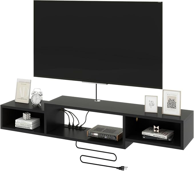 IBUYKE 59" Floating TV Stand Wall Mounted with Power Outlet,Wood Wall Mounted Media Console Shelf,Floating Entertainment Center for Under TV Storage for Living Room Bedroom Office,Black WST007B