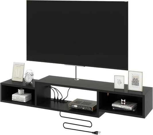 IBUYKE 59" Floating TV Stand Wall Mounted with Power Outlet,Wood Wall Mounted Media Console Shelf,Floating Entertainment Center for Under TV Storage for Living Room Bedroom Office,Black WST007B