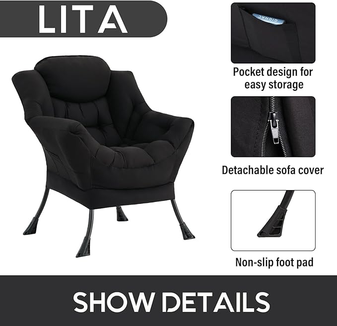LITA Lazy Chair with Ottoman, Modern Accent Leisure Upholstered Sofa, Contemporary Lounge Reading Chair with Armrests and a Side Pocket for Living Room, Bedroom & Small Space, Single Black