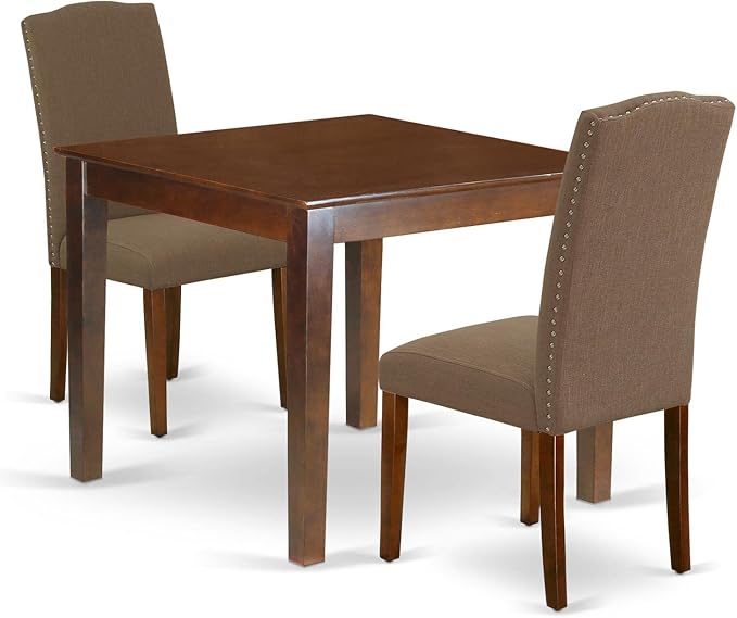 East West Furniture OXEN3-MAH-18 3 Piece Dining Room Table Set Contains a Square Wooden Table and 2 Dark Coffee Linen Fabric Upholstered Parson Chairs, 36x36 Inch, Mahogany
