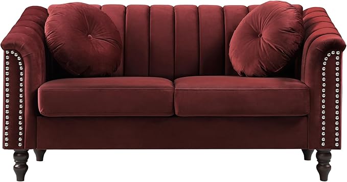 60" Loveseat Sofa, Microfiber Chesterfield Upholstered Sofas Love Seat, Couch Chair Sets with Style Button Tufted, Scroll Arms and Nailhead for Living Room, Office, Apartment-Red
