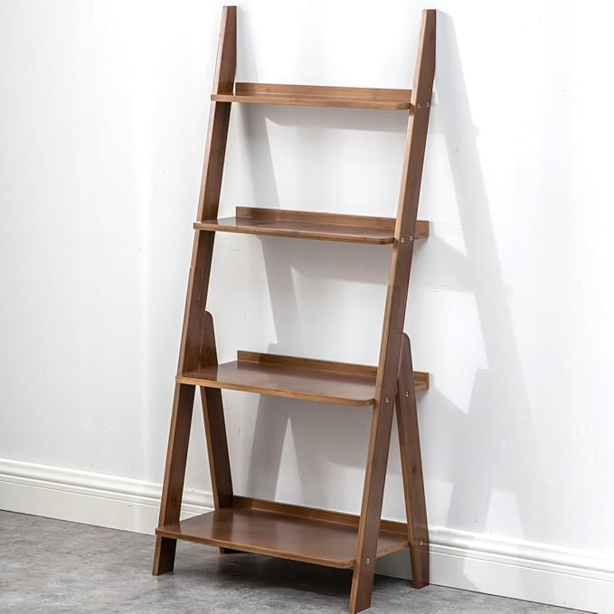 Maydear Bamboo Ladder Shelf Bookcase, 4-Tier Leaning Bookshelf Free Standing Organizer Storage Shelves for Living Room, Bedroom, Kitchen, Home Office, Balcony (Walnut)
