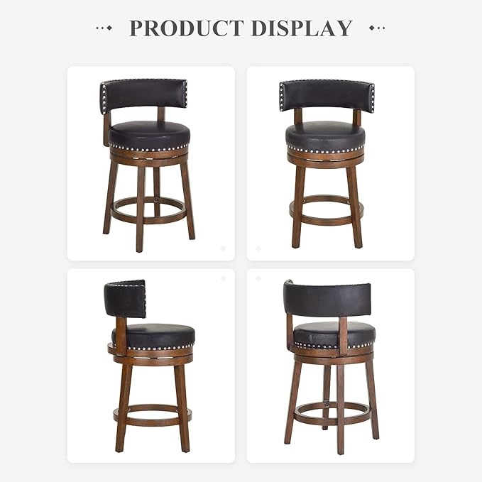 COLAMY Swivel Bar Stool, Modern Swivel Barstool with Back, Counter Height Bar Stools, 25 Inch Upholstered Wood Barstool for Kitchen Island Dining Room Bar, Dark Brown
