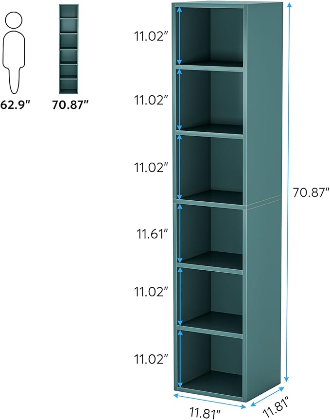 LITTLE TREE 70.9 Inch Tall Narrow Bookcase, Corner Bookshelf 6 Tier Cube Display Shelf Storage Organizer for Small Space, Blue