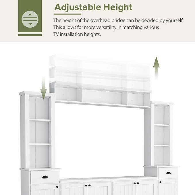 Merax Modern TV Stand Set w/Adjustable Bridge, Storage Media Console & Wall Units - Minimalist Entertainment Center for Living Room, White