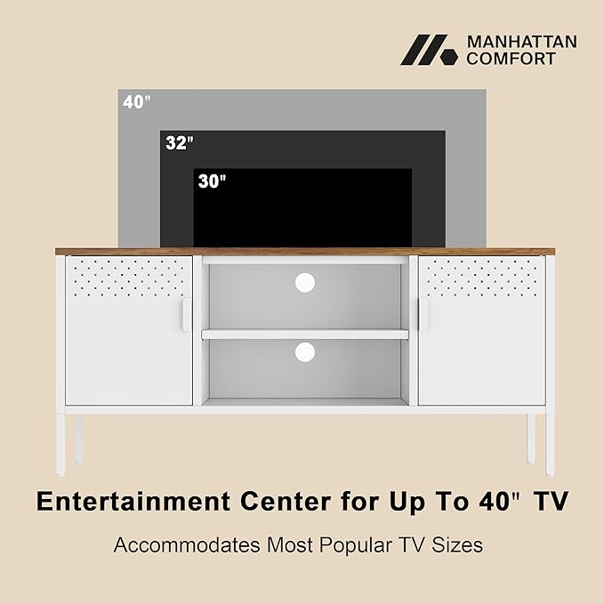 Manhattan Comfort Landen 47" Modern Metal TV Stand with Storage Cabinets & Open Shelves, Holds Up to 40" Screen, TV Console with Natural Wood Top, Cable Management, Adjustable Legs, White