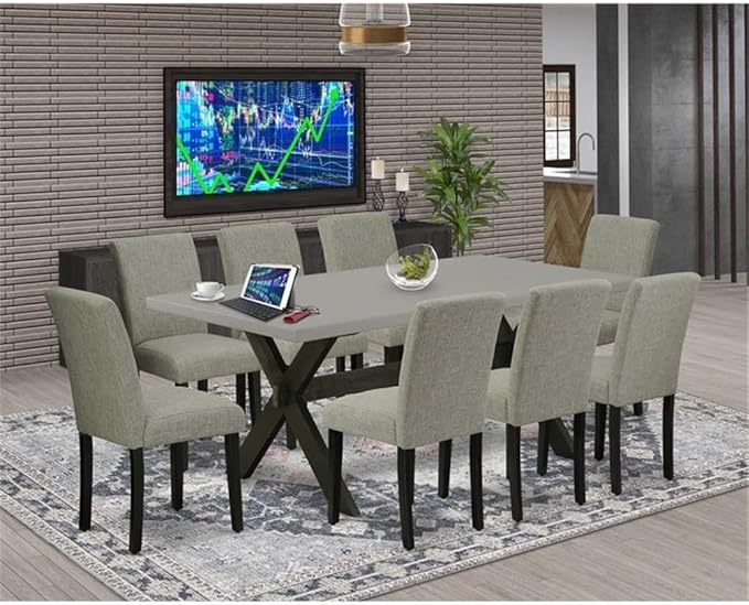 East West Furniture X697AB106-9 9 Piece Modern Dining Table Set Includes a Rectangle Wooden Table with X-Legs and 8 Shitake Linen Fabric Parson Dining Chairs, 40x72 Inch, Multi-Color
