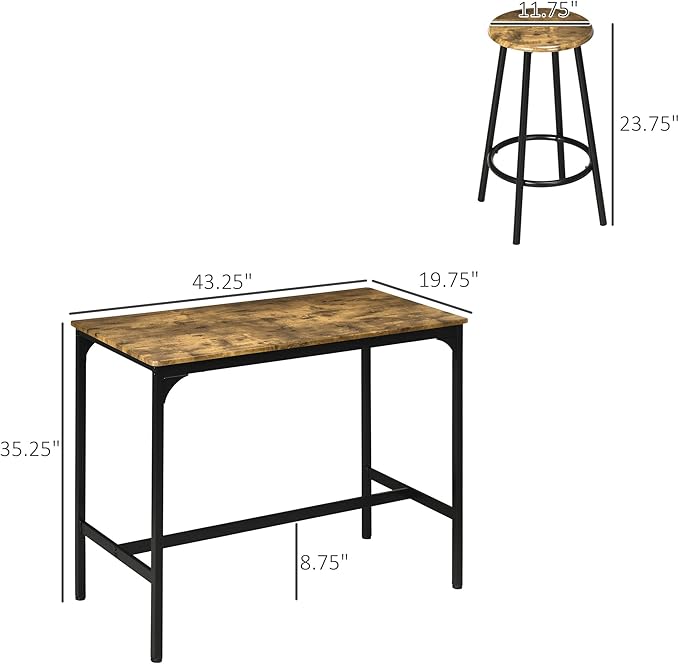 HOMCOM 5-Piece Counter Height Bar Table Set, Rustic 43.25" Dining Table with 4 Bar Stools, Kitchen Table with Wooden Top for Pub, Dining Room, Rustic Brown