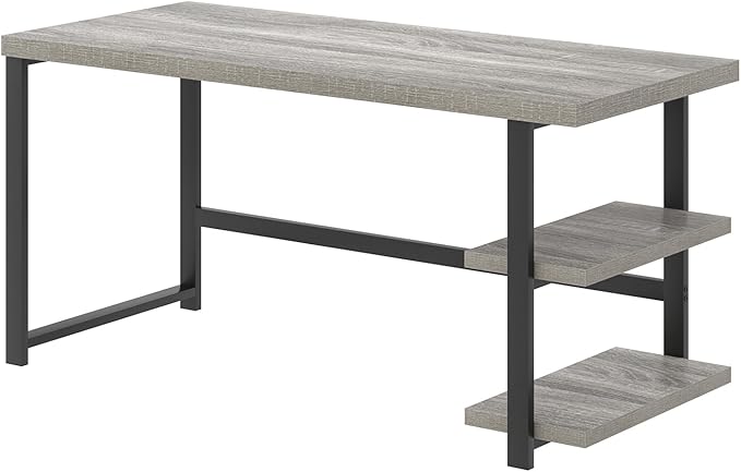 FOLUBAN Computer Desk, Modern Home Office Desk with Shelves, Wood Writing Study Gaming Table for Living Room Bedroom, Light Grey, 53 inch