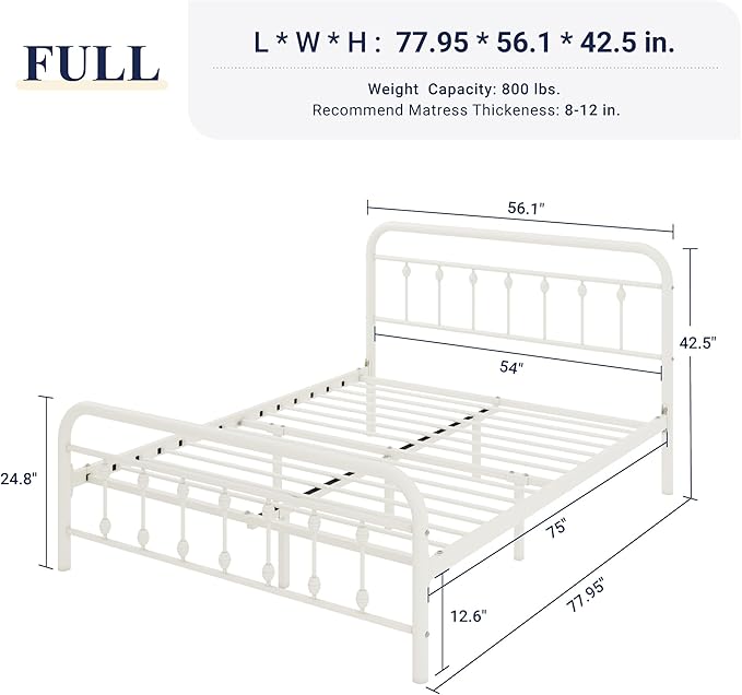 Allewie 14 Inches Full Size Metal Platform Bed Frame with Victorian Style Iron-Art Headboard/Footboard, Mattress Foundation, Easy Assembly, Under Bed Storage, No Box Spring Required, Off White