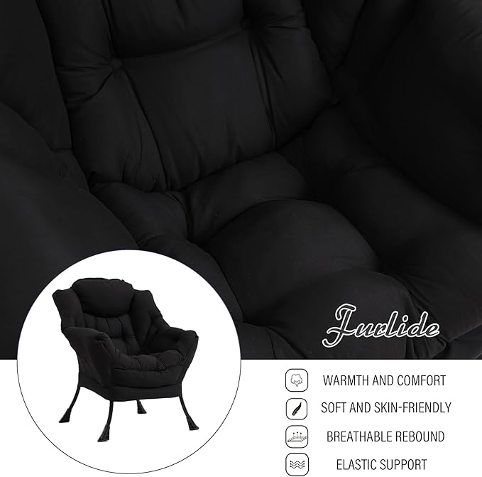 Modern Lazy Chair with Folding Footrest, Lounge Accent & Comfortable Reading Chair (Black)