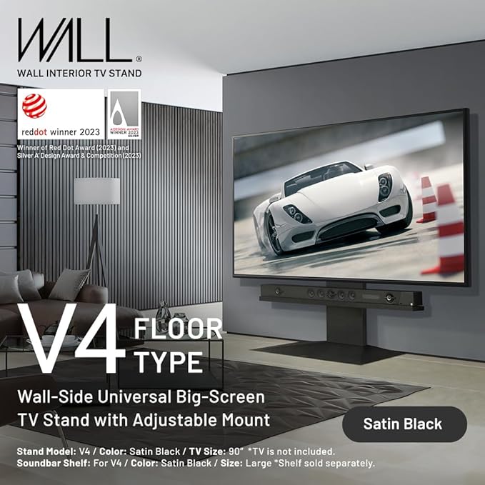 WALL V4 | Sleek Shallow Floor TV Stand for Extra Large 50-100 Inch | Satin Black | for Large Screens | Living Room and Bedroom, Space Saving, Adjustable Mount, No Drill, Japan-Engineered Design