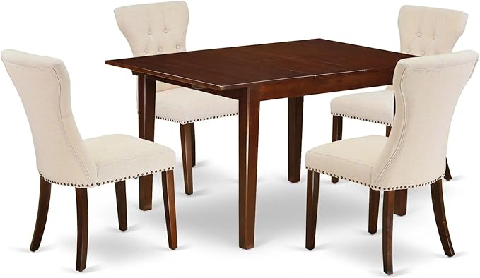 East West Furniture MLGA5-MAH-32 5 Piece Modern Dining Table Set Includes a Rectangle Wooden Table with Butterfly Leaf and 4 Light Beige Linen Fabric Parson Chairs, 36x54 Inch, Mahogany
