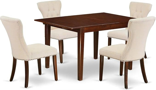 East West Furniture MLGA5-MAH-32 5 Piece Modern Dining Table Set Includes a Rectangle Wooden Table with Butterfly Leaf and 4 Light Beige Linen Fabric Parson Chairs, 36x54 Inch, Mahogany