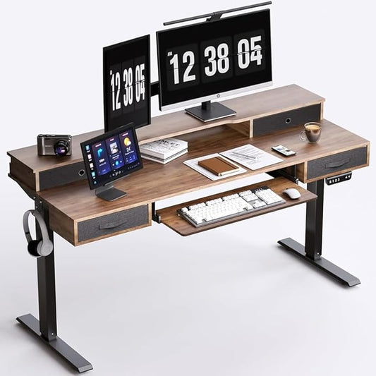 Electric Standing Desk, 55" Standing Desk Adjustable Height, Adjustable Desk with 4 Drawers, Ergonomic Adjustable Sit Stand Desk with Keyboard Tray, Rustic Brown
