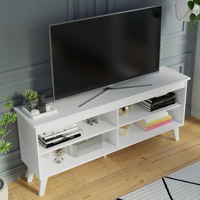 Madesa Compact TV Stand Cabinet with 4 Shelves and Cable Management for 50, 55 Inch TV Media Storage Unit Living Room and Bedroom Modern Wooden Television Media Console - White