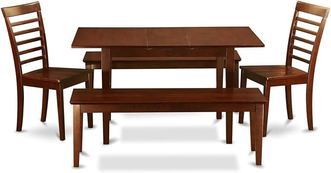 East West Furniture NOML5C-MAH-W 5 Piece Dining Table Set for 4 Includes a Rectangle Kitchen Table with Butterfly Leaf and 2 Dining Room Chairs with 2 Benches, 32x54 Inch, Mahogany