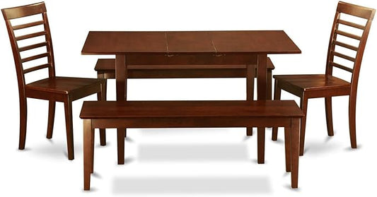 East West Furniture NOML5C-MAH-W 5 Piece Dining Table Set for 4 Includes a Rectangle Kitchen Table with Butterfly Leaf and 2 Dining Room Chairs with 2 Benches, 32x54 Inch, Mahogany