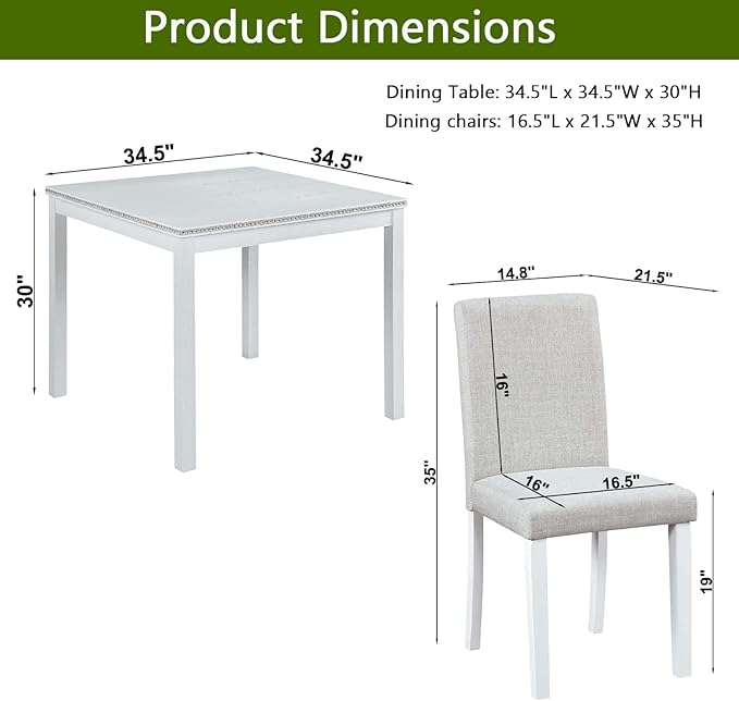 KEIKI 5-Piece Standard Height Dining Table Set with Square Table and 4 Upholstered Chair, for 4 Person, Modern Style Crystal Decoration Wood Table Set, Easy Assembly, for Kitchen, Dining Room, White