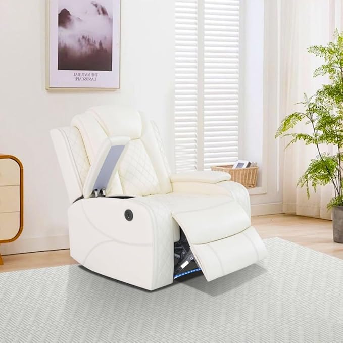 Electric Power Recliner Chair Living Room Furniture, Comfy Wide Lazy Home Theater Breathing Leather Seating with USB 2.0 Charging Ports, LED Light Strips (White)