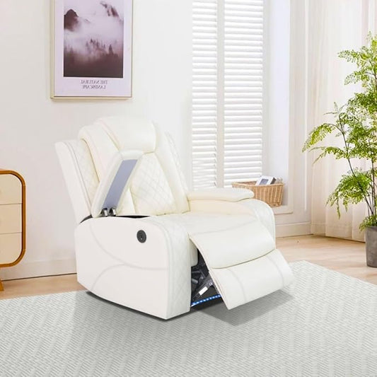Electric Power Recliner Chair Living Room Furniture, Comfy Wide Lazy Home Theater Breathing Leather Seating with USB 2.0 Charging Ports, LED Light Strips (White)