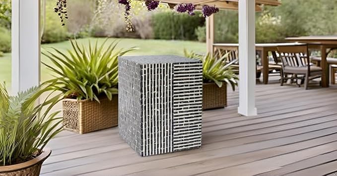 PEMAR Capiz Shell Square Drum End Table Side Accent Table Contemporary Mosaic Deco Patio Coffee Boho Décor Modern Nightstand & Vanity Stool (Dark Grey & White Stripes)