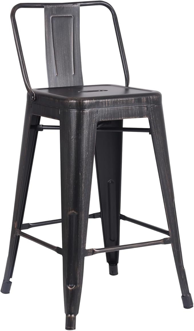AC Pacific 24” Metal Barstool Set of 4 – Country Rustic Style with Low Back, Lightweight & Sturdy Build, Easy Assembly – Distressed Black