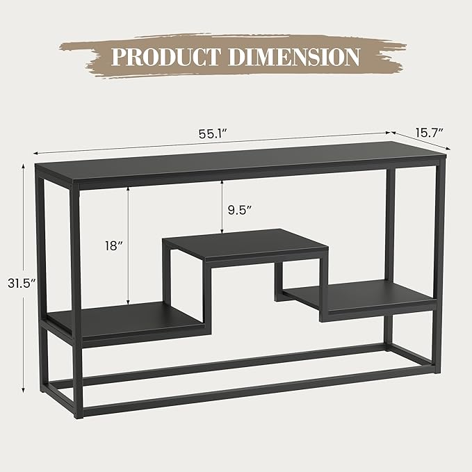 TV Stand for TVs up to 65 Inch, TV Console Table with 3-Tier Open Storage Shelves, Modern Industrial Entertainment Center for Living Room, Bedroom, Black
