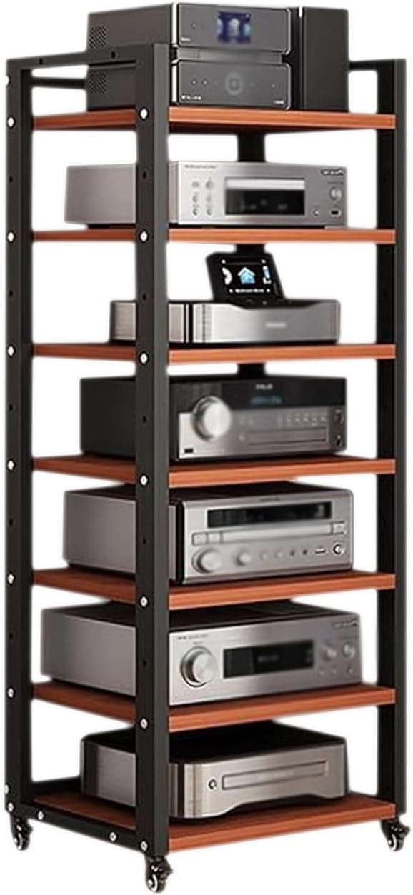 7 Tier Audio Rack Tower, CD Record Player Stereo Receiver AV Equipment Cabinet Display Rack, Weight capacity 661 lbs, with Adjustable Wooden Shelves for Home (TEAKWOOD, 7 TIER 55×19.7×15.7IN)