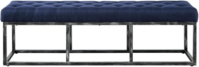 24KF Upholstered Tufted Long Bench Seats with Metal Frame Leg, Linen Bench Ottoman with Padded Seat-Navy Blue