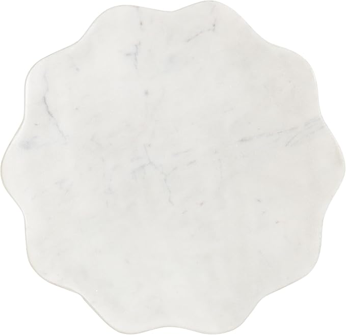 Kate and Laurel Sanzo Modern Pedestal Drink Table, 10 x 10 x 23, White Marble and Silver, Decorative End Table with Scalloped Marble Tabletop for Use as Small Plant Stand or Cute Martini Table