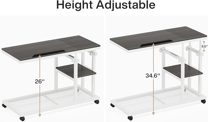 Tribesigns Height Adjustable C Table with Wheels, Mobile Couch Snack Side Table with Tiltable Drawing Board, Sofa Bedside Laptop Stand C Shaped TV Tray with Storage Shelves (Grey+White)