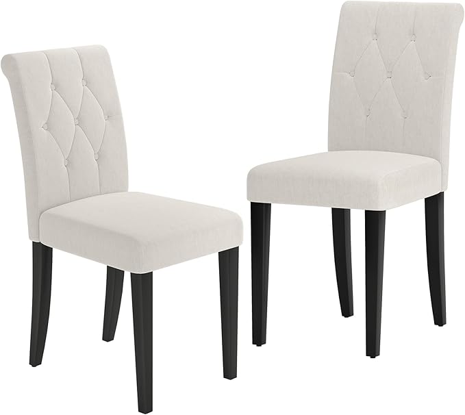 Upholstered Dining Chairs Set of 2, Modern Button Tufted Parsons Design with Solid Wood Legs, Soft Fabric Side Chairs Comfortable & Stylish, White