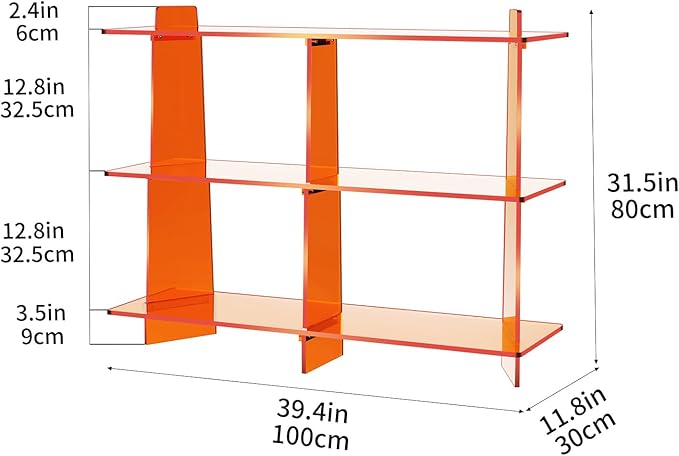 Acrylic Bookshelf, Small 3 Tier Open Bookcase for Small Spaces,Sofa Table, Hallway Entry Table for Home Living Room (Orange, 39.4'' x 11.8'' x 31.5'')