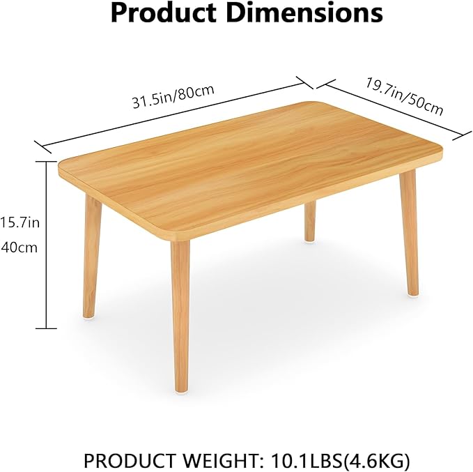Square Coffee Table Low Table with 4 Solid Wood Sturdy Legs, Floor Table Desk for Sitting on The Floor, Storage and Living Room Furniture (Natural)