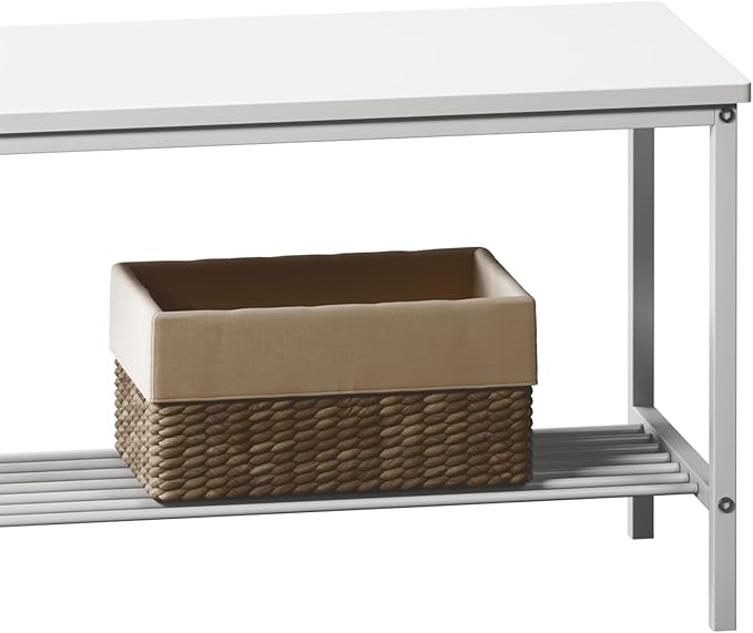 soges 4 Person Dining Table Set,43.3 inch Kitchen Table Set for 4,2 Chairs with Backrest,2-Person Bench with Storage, White Rack,Nesting Furniture Set for Dining Room and Restaurant, White