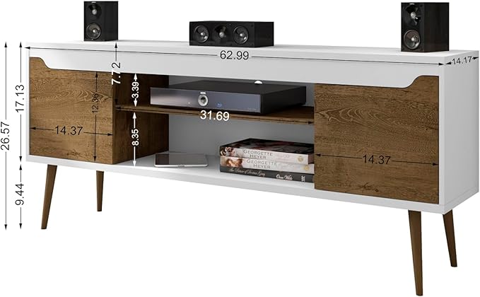 Manhattan Comfort Bradley Mid Century Modern TV Stand for Televisions up to 60 Inches, Living Room Entertainment Center with Storage, Media Shelves and Soft Close Doors, White/Rustic Brown