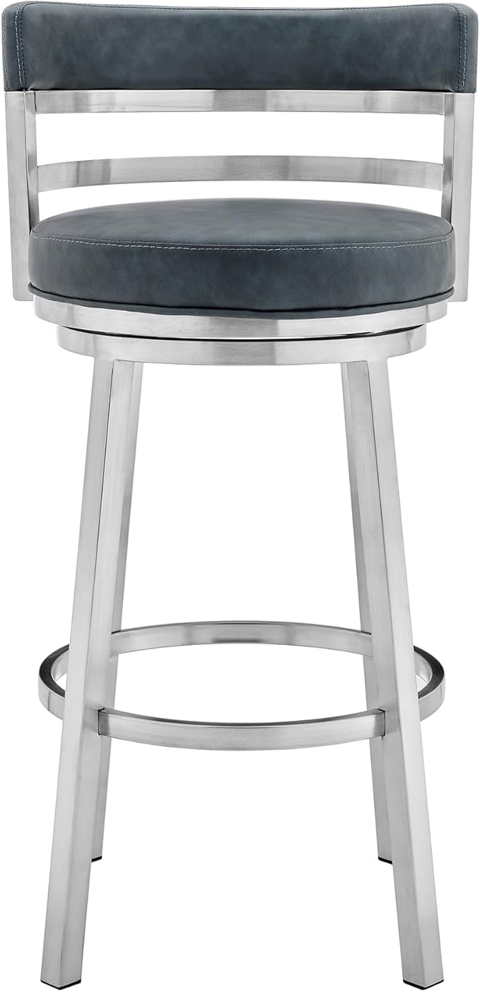 Armen Living Madrid 30" Seat Height Swivel Modern Blue Faux Leather and Brushed Stainless Steel Bar Stool for Kitchen Island Counter