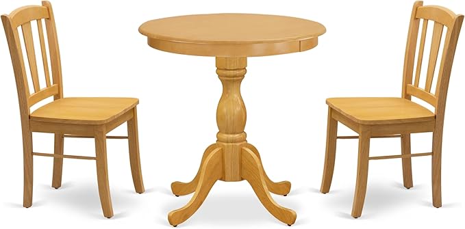 East West Furniture ESDL3-OAK-W 3 Piece Kitchen Table Set for Small Spaces Contains a Round Dining Room Table with Pedestal and 2 Solid Wood Seat Chairs, 30x30 Inch, Oak